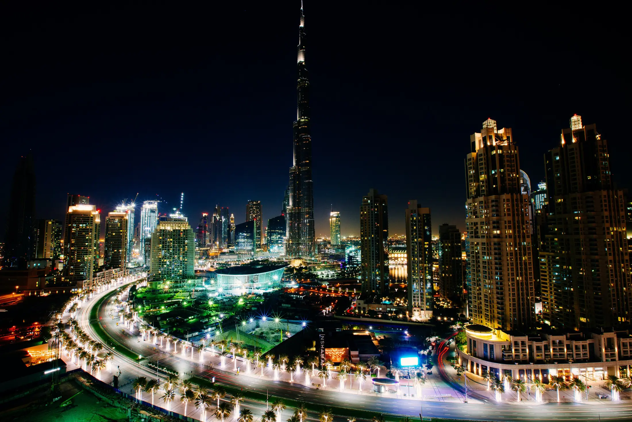 Evening over Downtown Dubai, the lake and the Burj Khalifa